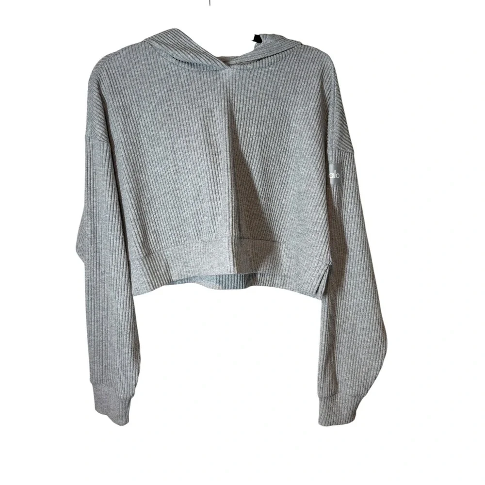 Alo Yoga Muse Ribbed Hoodie Sweatshirt Heather Grey Cropped Pullover Small‎